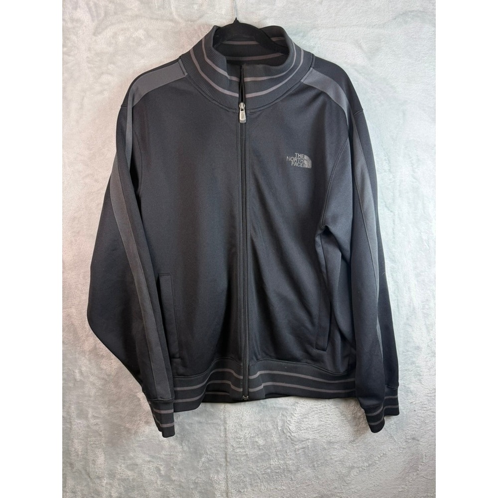 THE NORTH FACE Track Jacket Men L Black Gray Full Zip Logo Ribbed Collar Stripe